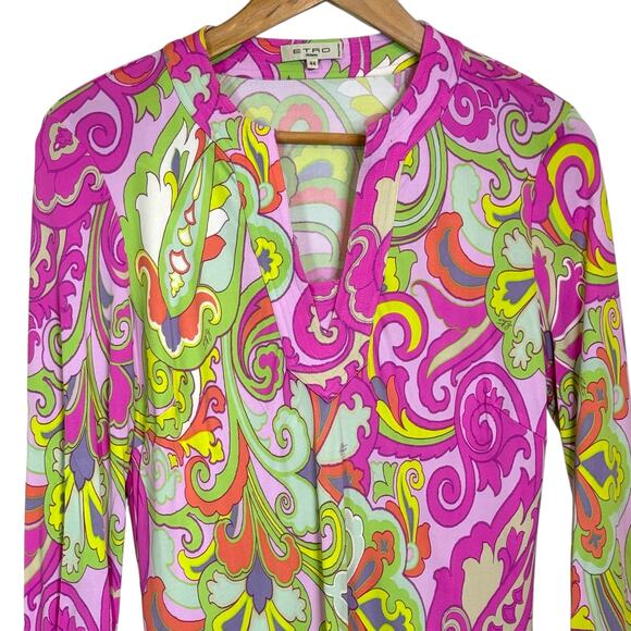 ETRO Milano Made in Italy Size 44 Pink Paisley Print Pullover Split Neck Blouse - Picture 2 of 7